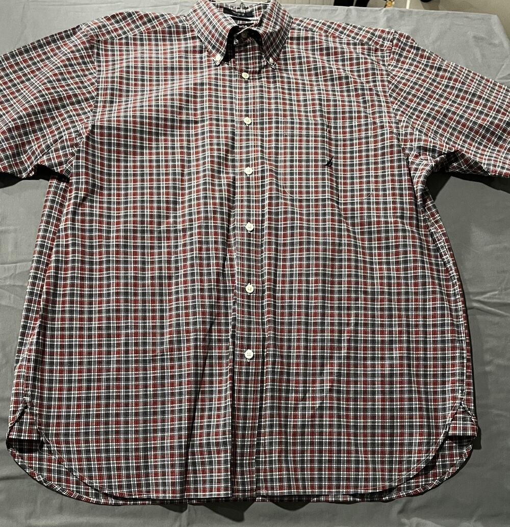 Nautica Mens Red & Blue Plaid Short Sleeve Button-Down Shirt L